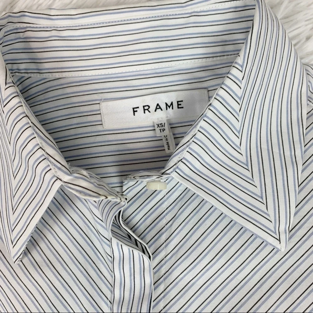 Frame contrast striped wrapped tie waist shirt dress button up pocket - Picture 6 of 12